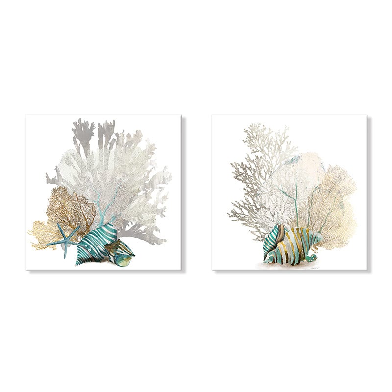 JAPO ART White Coral Wall Art Beach Bathroom Decor Sea Shell Pictures Coastal Wall Decor Sea Fan Nautical Painting Coral Pictures for Livingroom Bedroom Home Walls 16x16 x2pcs - Image 1